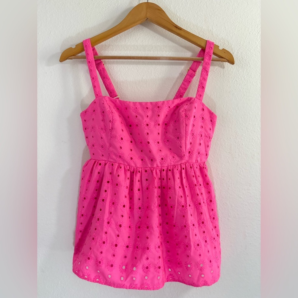 Lilly Pulitzer Michela Eyelet Babydoll Cami in Hot Pink Hottie Dottie Size 6 - Picture 3 of 10